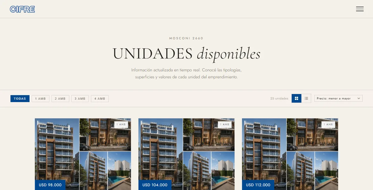 Página de unidades disponibles de Mosconi 2660
